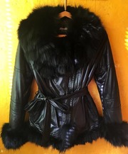 Чёрная кожаная куртка овчина с лисьим мехом 